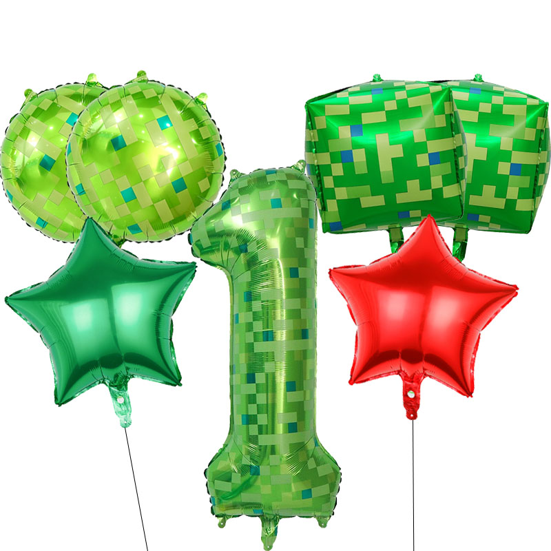 Party Games Gamecube - 7個入りピクセルテーマバルーンセット グリーン 40インチ 数字1-9 誕生日パーティーデコレーション ピクセルキューブ